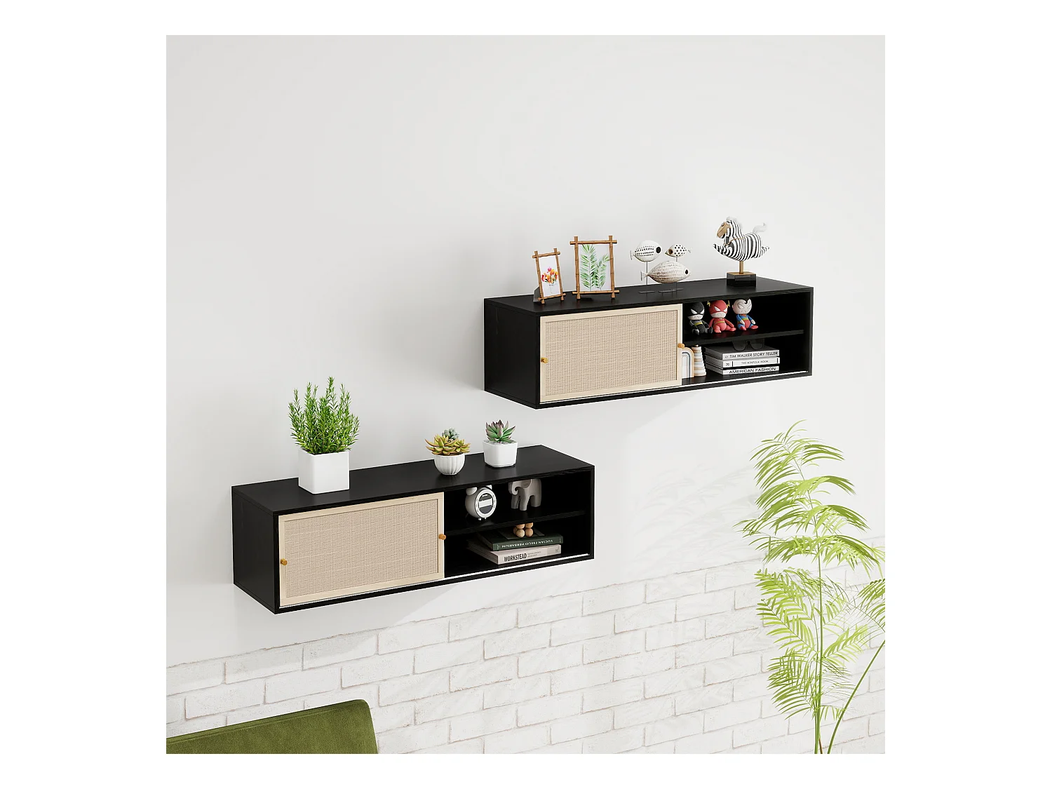 Armoire murale noire avec portes coulissantes, design avec éléments en rotin, panneau de particules, noir (110x40x31 cm)