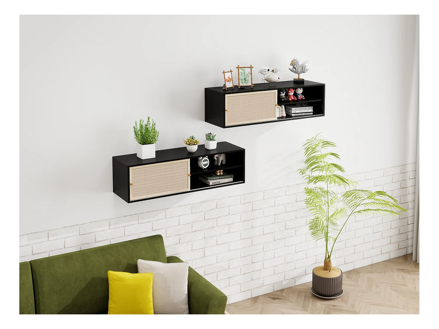 Armoire murale noire avec portes coulissantes, design avec éléments en rotin, panneau de particules, noir (110x40x31 cm)