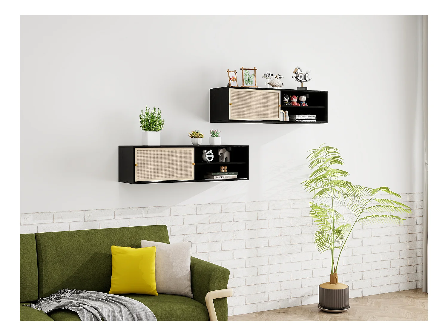 Armoire murale noire avec portes coulissantes, design avec éléments en rotin, panneau de particules, noir (110x40x31 cm)