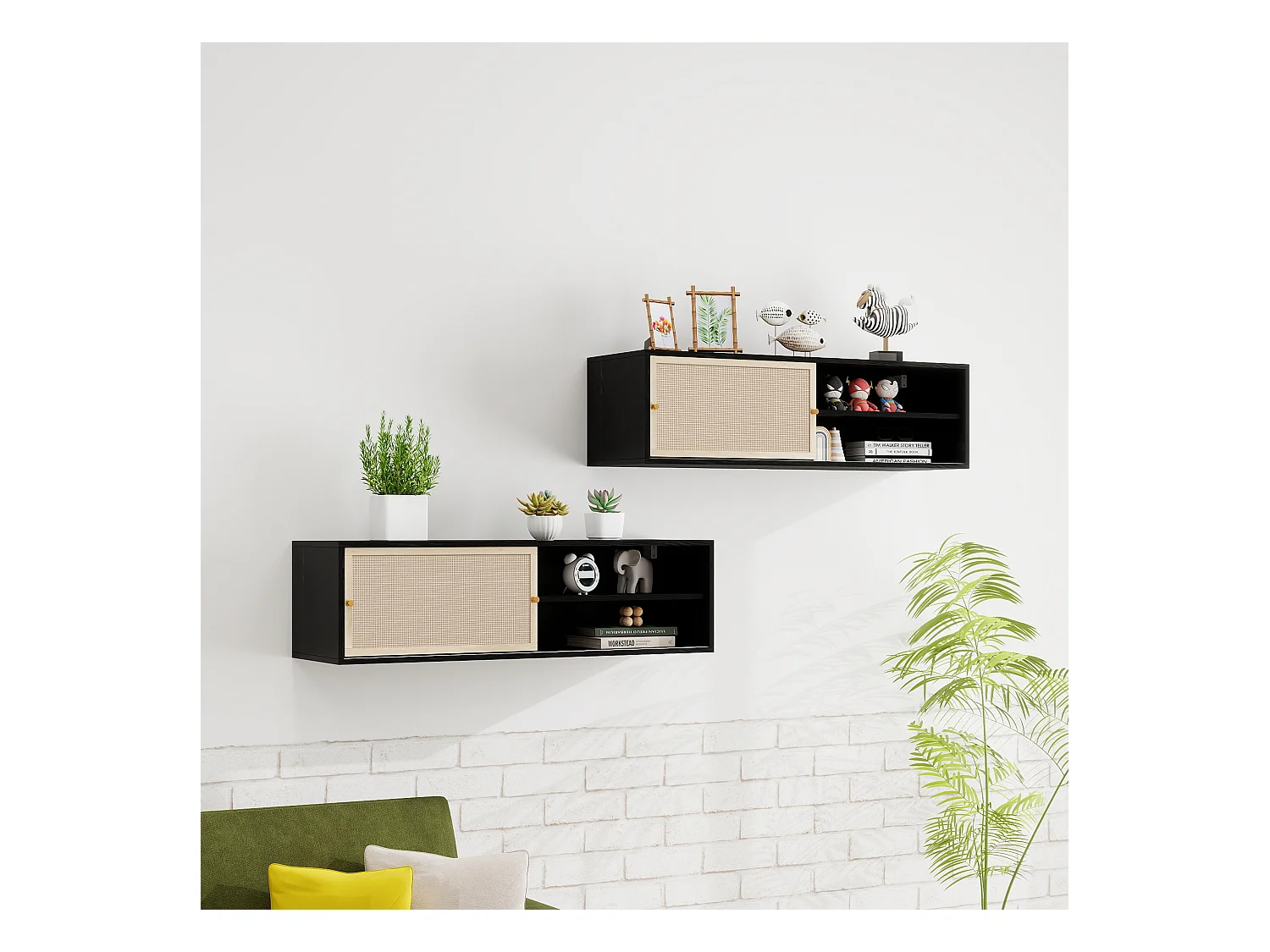 Armoire murale noire avec portes coulissantes, design avec éléments en rotin, panneau de particules, noir (110x40x31 cm)