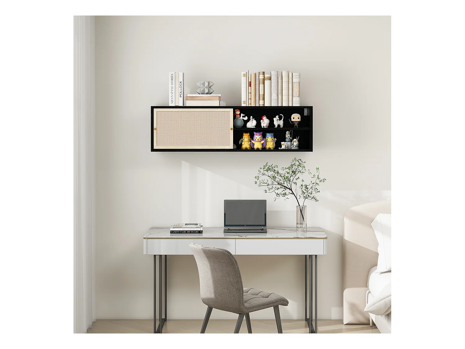 Armoire murale noire avec portes coulissantes, design avec éléments en rotin, panneau de particules, noir (110x40x31 cm)