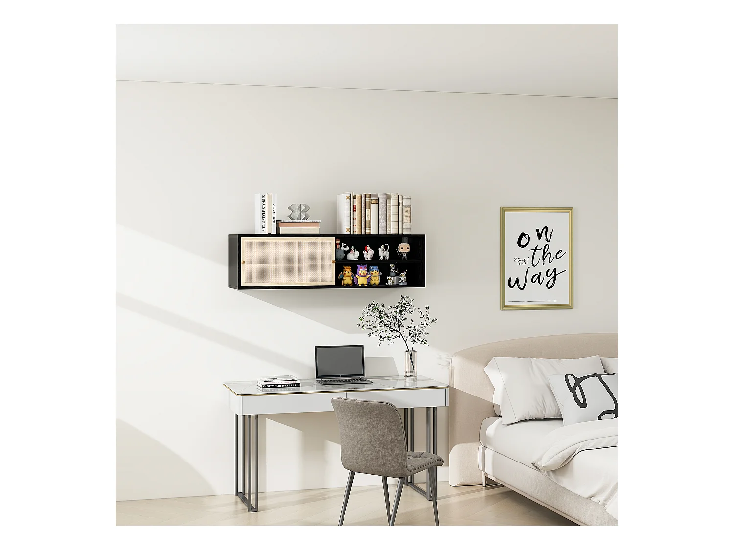 Armoire murale noire avec portes coulissantes, design avec éléments en rotin, panneau de particules, noir (110x40x31 cm)