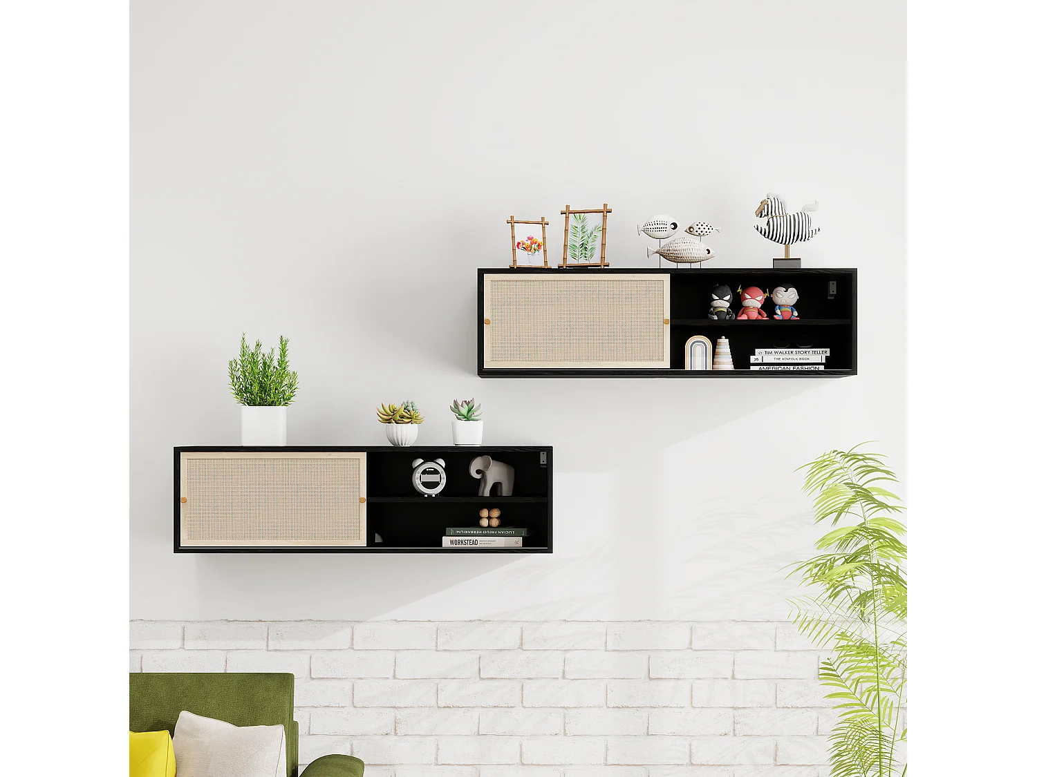 Armoire murale noire avec portes coulissantes, design avec éléments en rotin, panneau de particules, noir (110x40x31 cm)