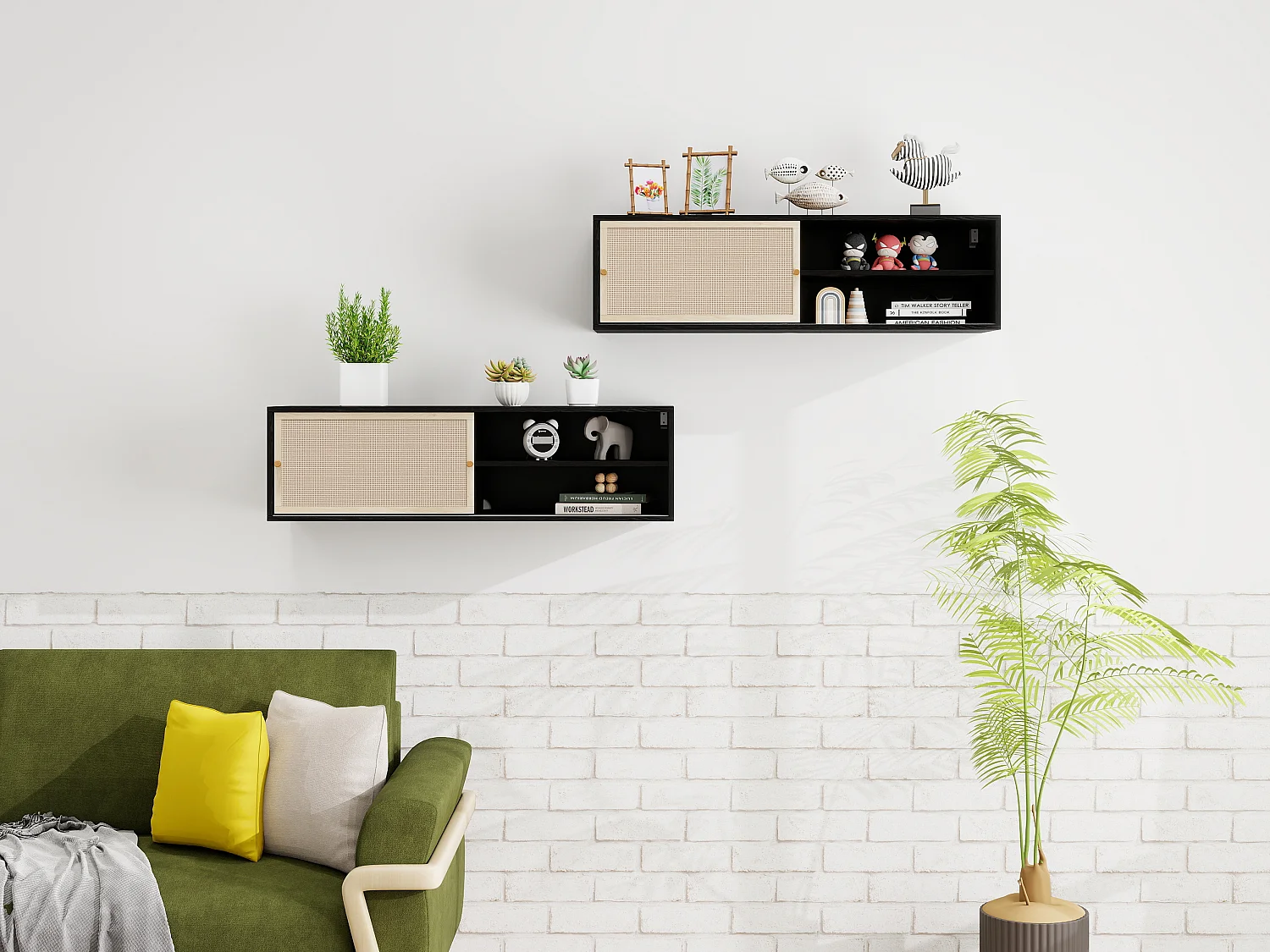 Armoire murale noire avec portes coulissantes, design avec éléments en rotin, panneau de particules, noir (110x40x31 cm)