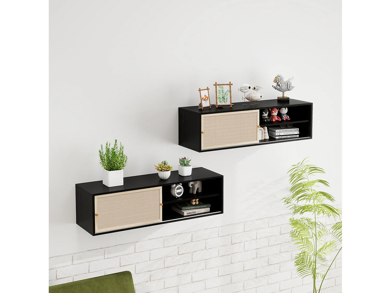 Armoire murale noire avec portes coulissantes, design avec éléments en rotin, panneau de particules, noir (110x40x31 cm)