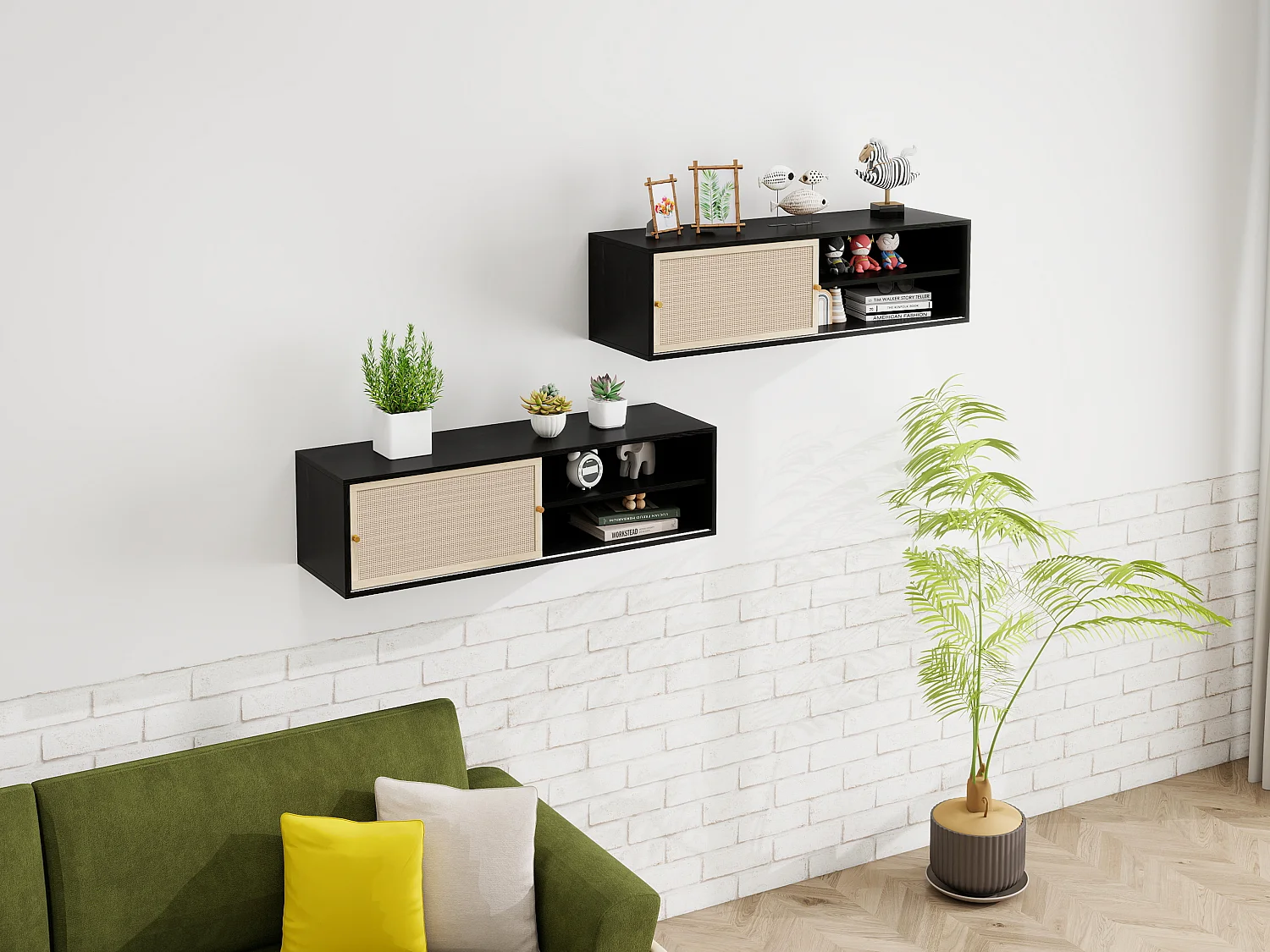 Armoire murale noire avec portes coulissantes, design avec éléments en rotin, panneau de particules, noir (110x40x31 cm)