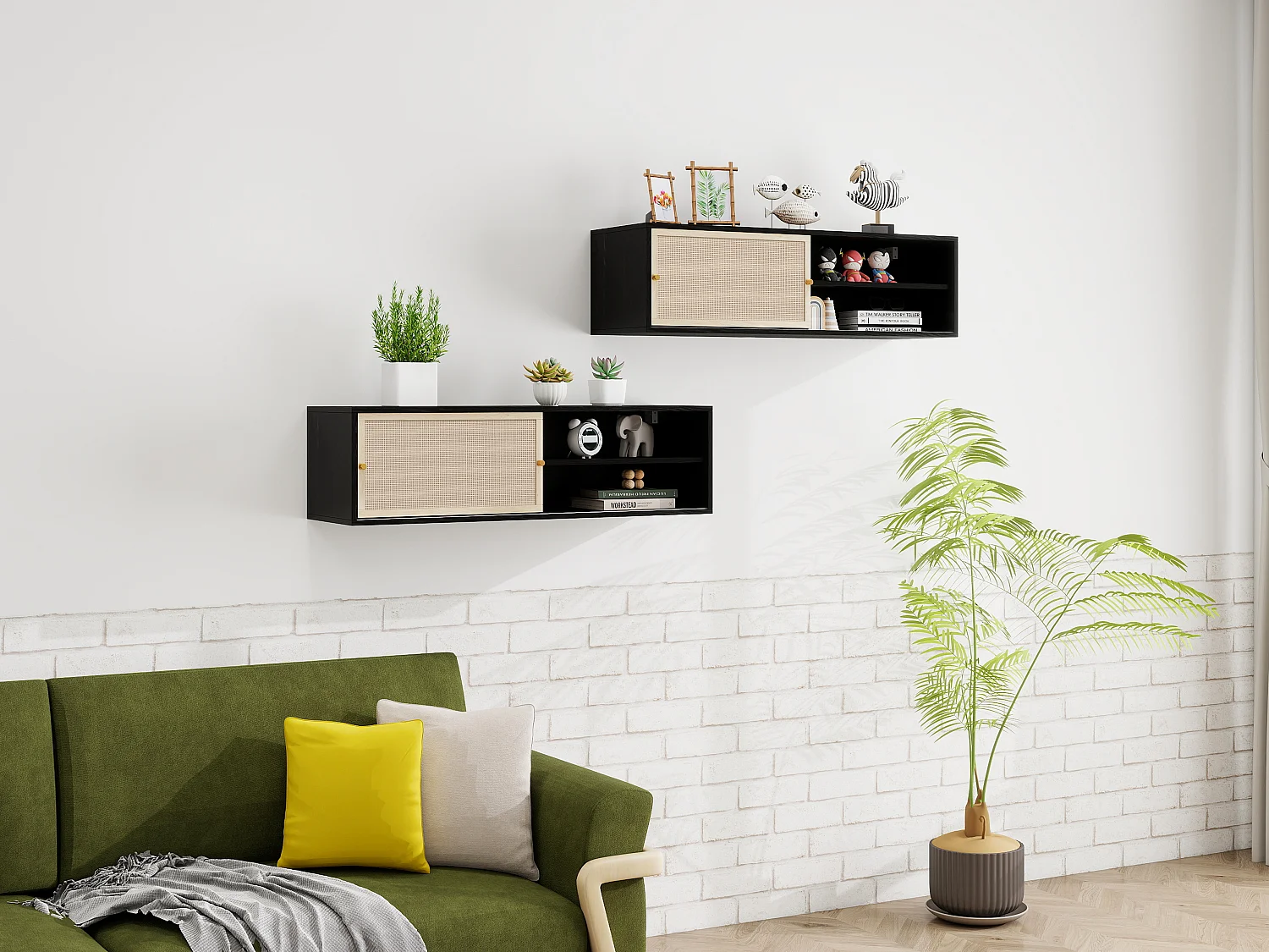 Armoire murale noire avec portes coulissantes, design avec éléments en rotin, panneau de particules, noir (110x40x31 cm)