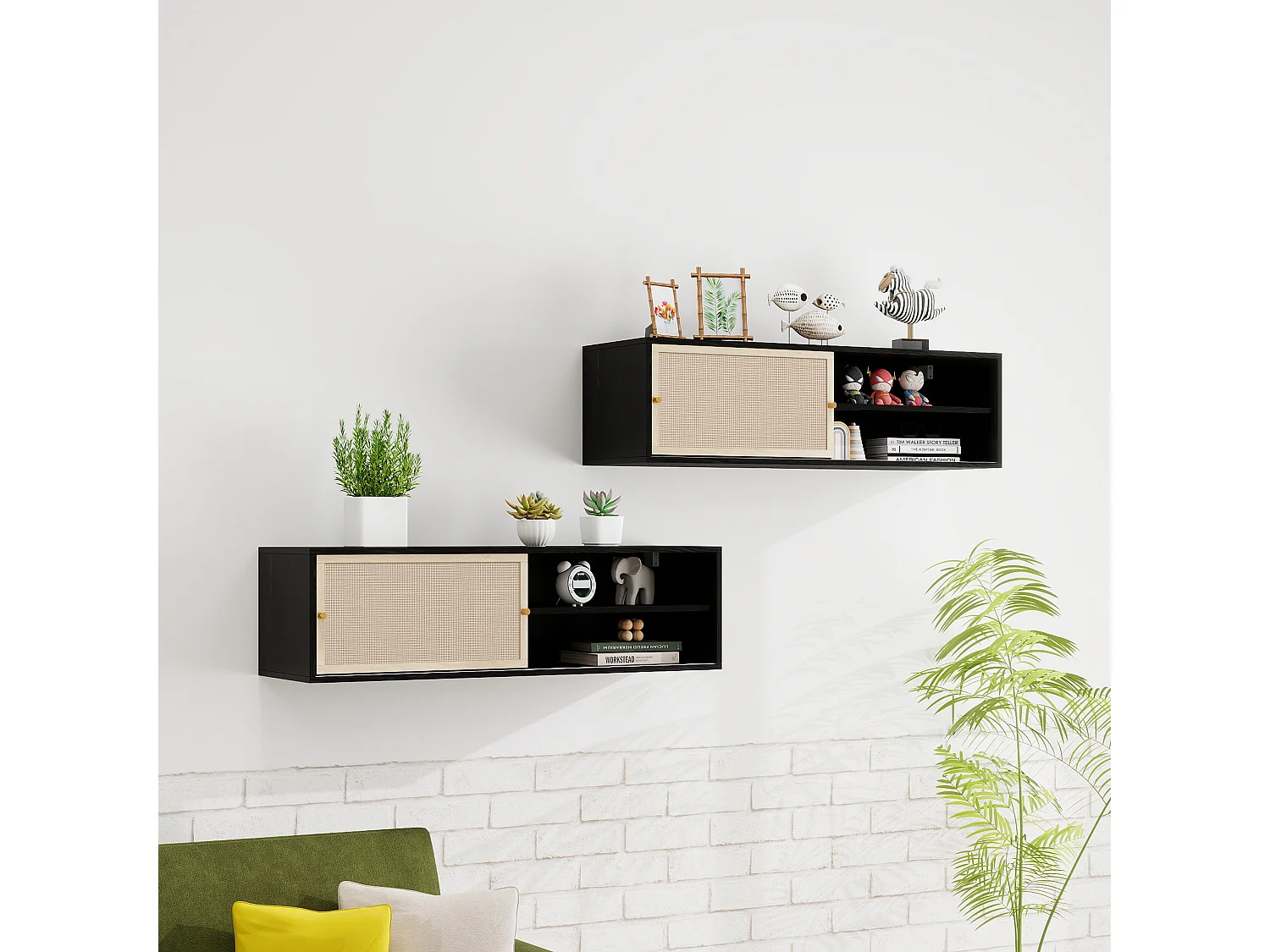 Armoire murale noire avec portes coulissantes, design avec éléments en rotin, panneau de particules, noir (110x40x31 cm)