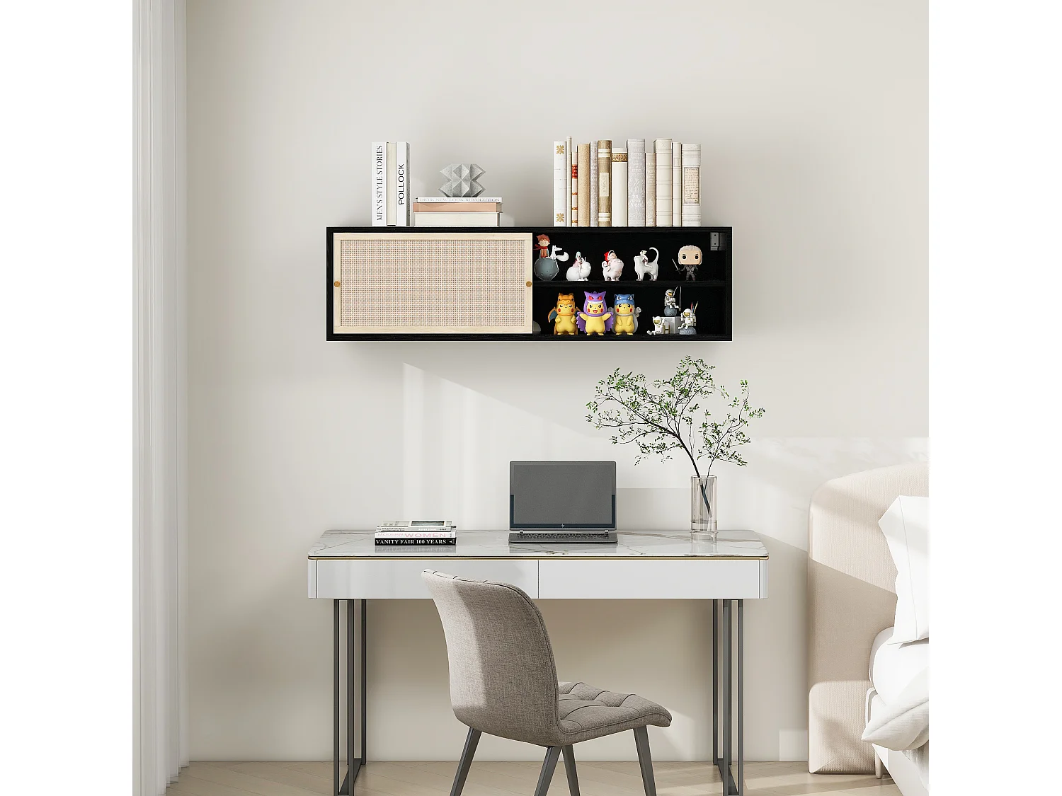 Armoire murale noire avec portes coulissantes, design avec éléments en rotin, panneau de particules, noir (110x40x31 cm)