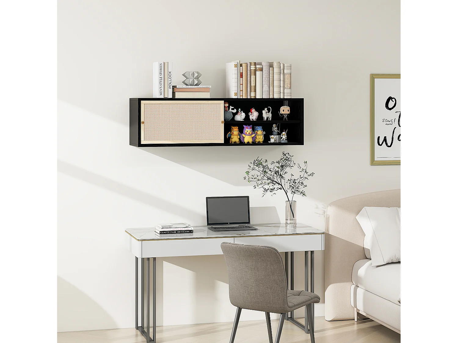 Armoire murale noire avec portes coulissantes, design avec éléments en rotin, panneau de particules, noir (110x40x31 cm)