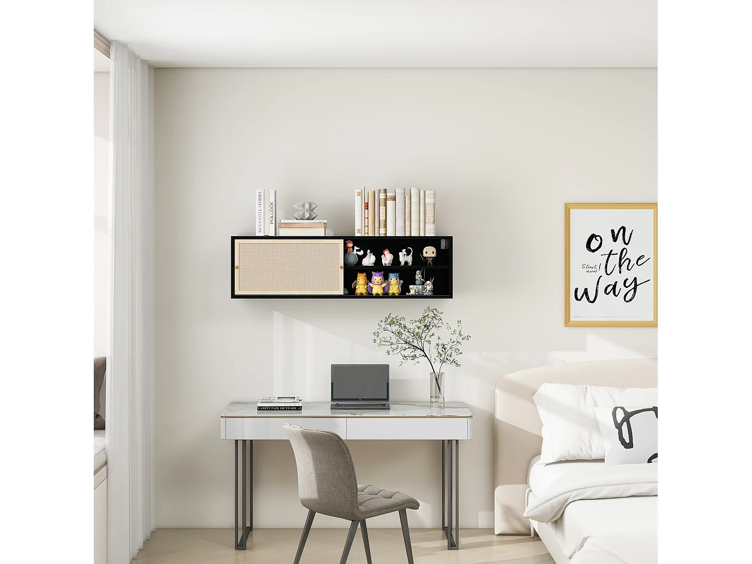 Armoire murale noire avec portes coulissantes, design avec éléments en rotin, panneau de particules, noir (110x40x31 cm)