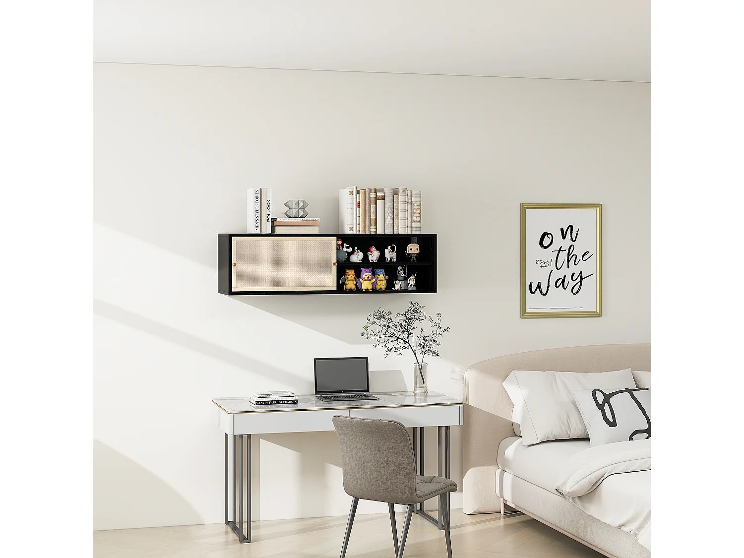 Armoire murale noire avec portes coulissantes, design avec éléments en rotin, panneau de particules, noir (110x40x31 cm)