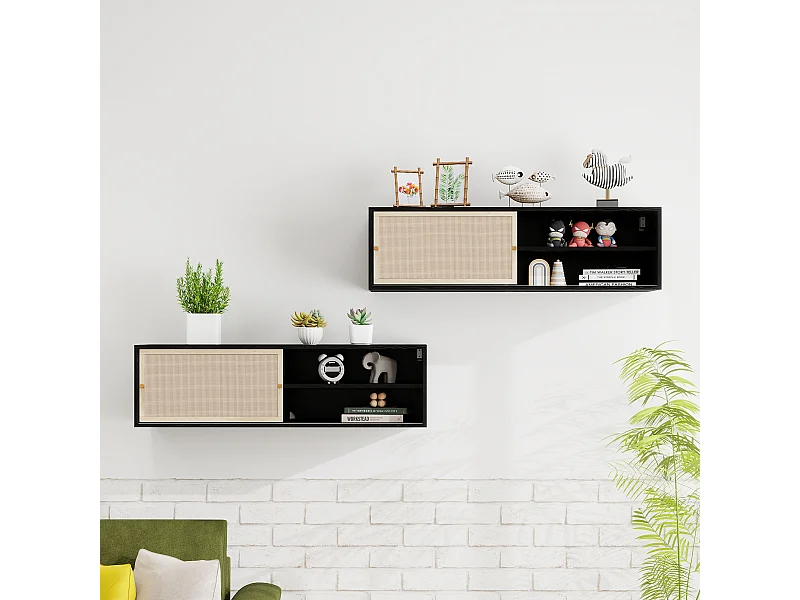 Armoire murale noire avec portes coulissantes, design avec éléments en rotin, panneau de particules, noir (110x40x31 cm)