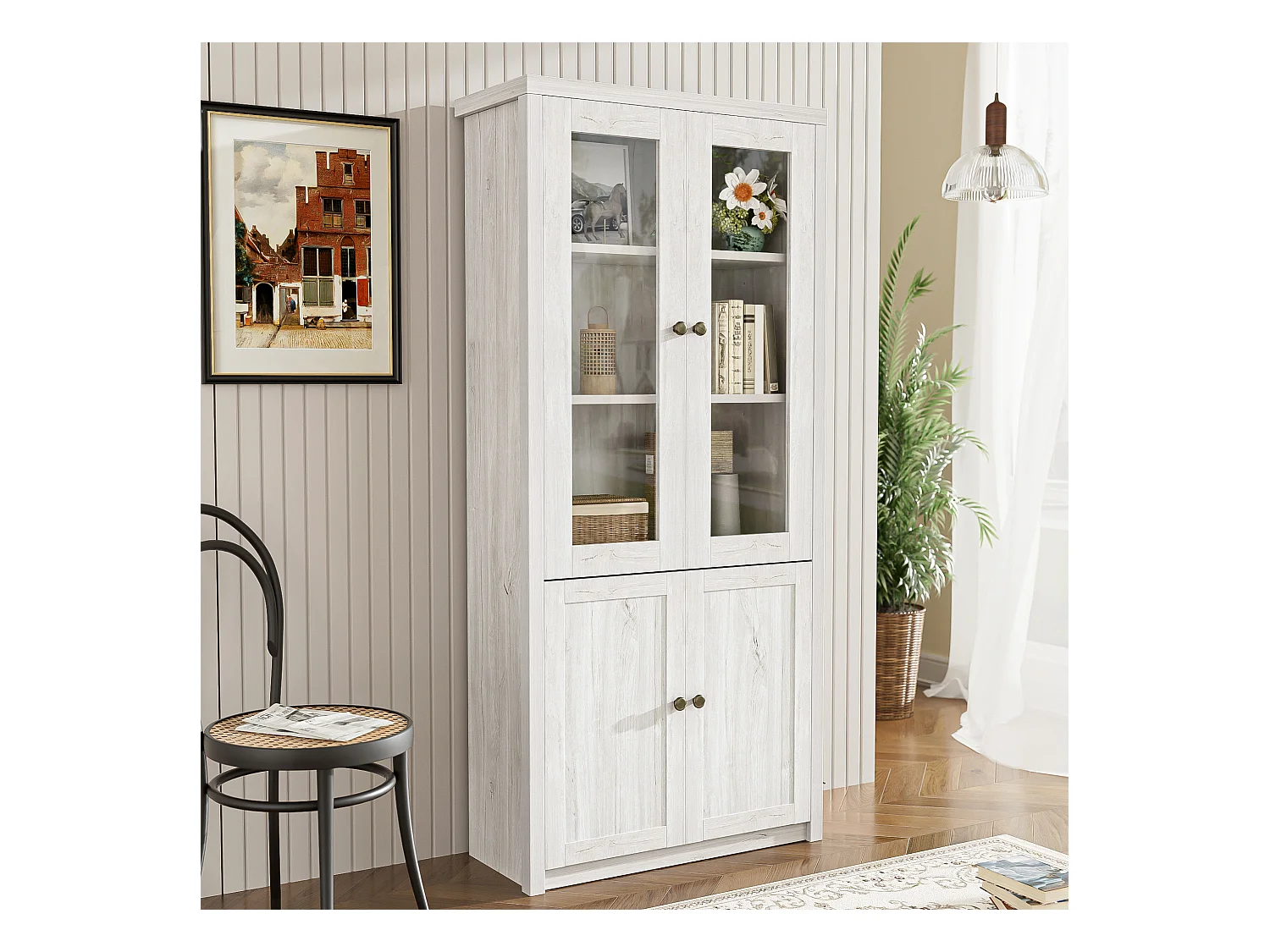 Armoire haute, 2 portes vitrées, 2 portes en bois, MDF, bois clair (80x34x171 cm)