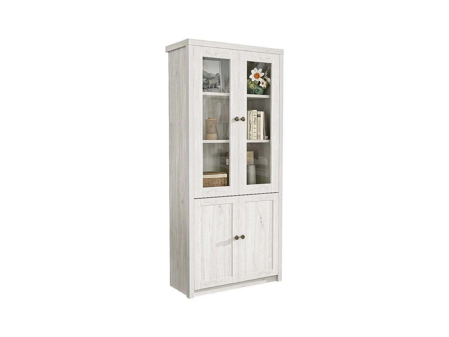 Armoire haute, 2 portes vitrées, 2 portes en bois, MDF, bois clair (80x34x171 cm)