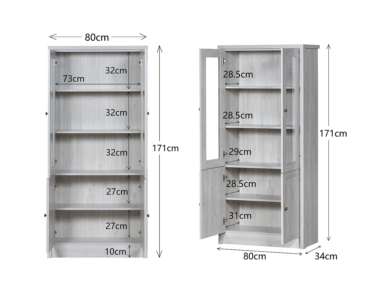 Armoire haute, 2 portes vitrées, 2 portes en bois, MDF, bois clair (80x34x171 cm)