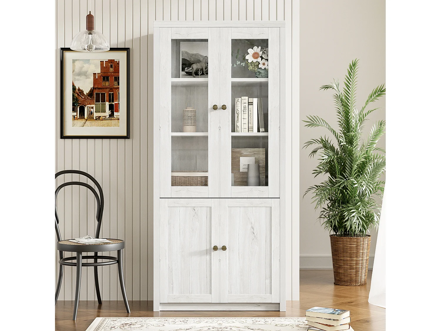 Armoire haute, 2 portes vitrées, 2 portes en bois, MDF, bois clair (80x34x171 cm)