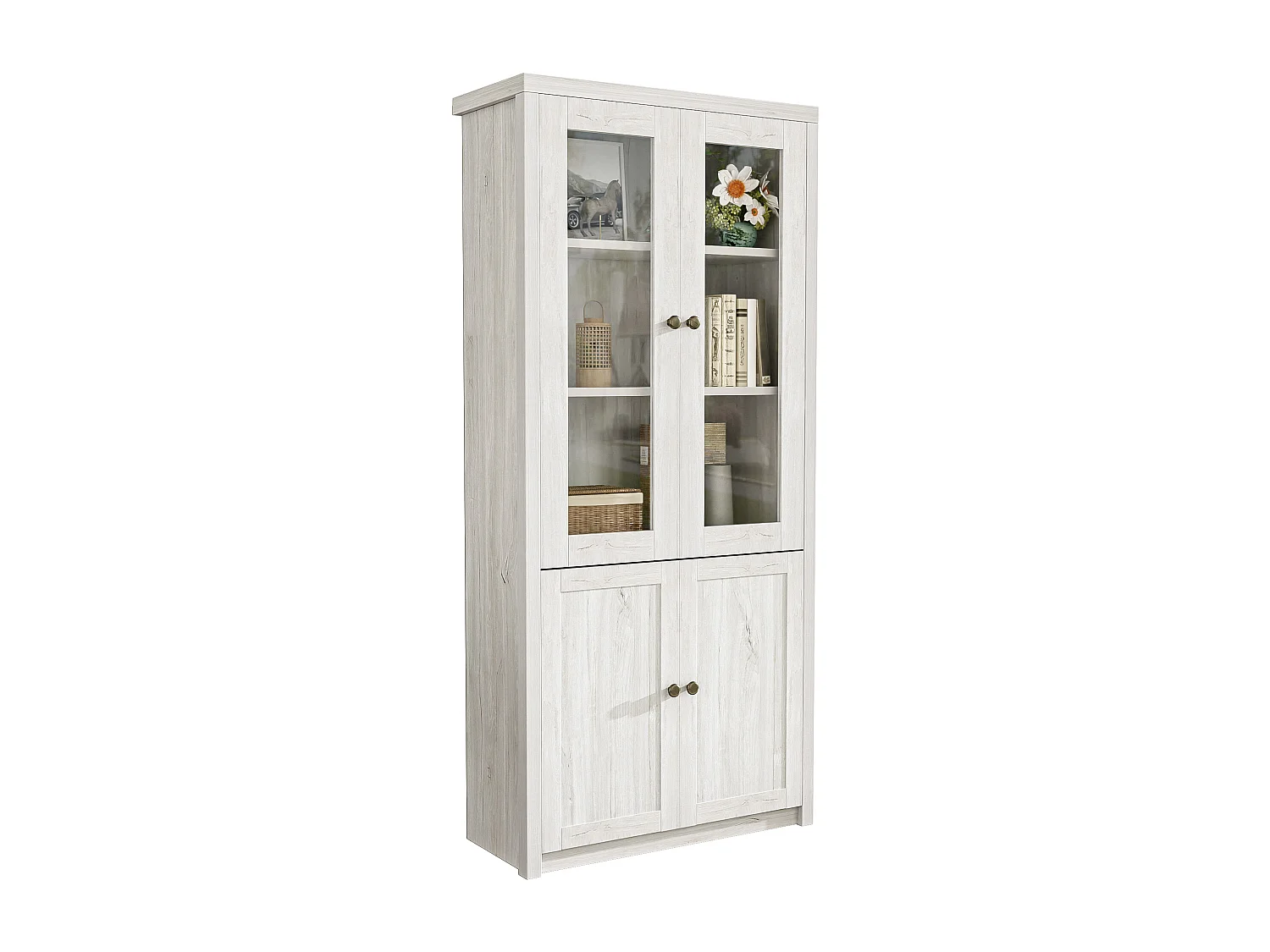Armoire haute, 2 portes vitrées, 2 portes en bois, MDF, bois clair (80x34x171 cm)