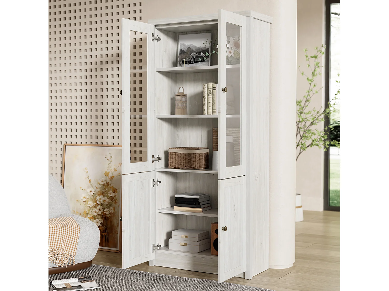 Armoire haute, 2 portes vitrées, 2 portes en bois, MDF, bois clair (80x34x171 cm)