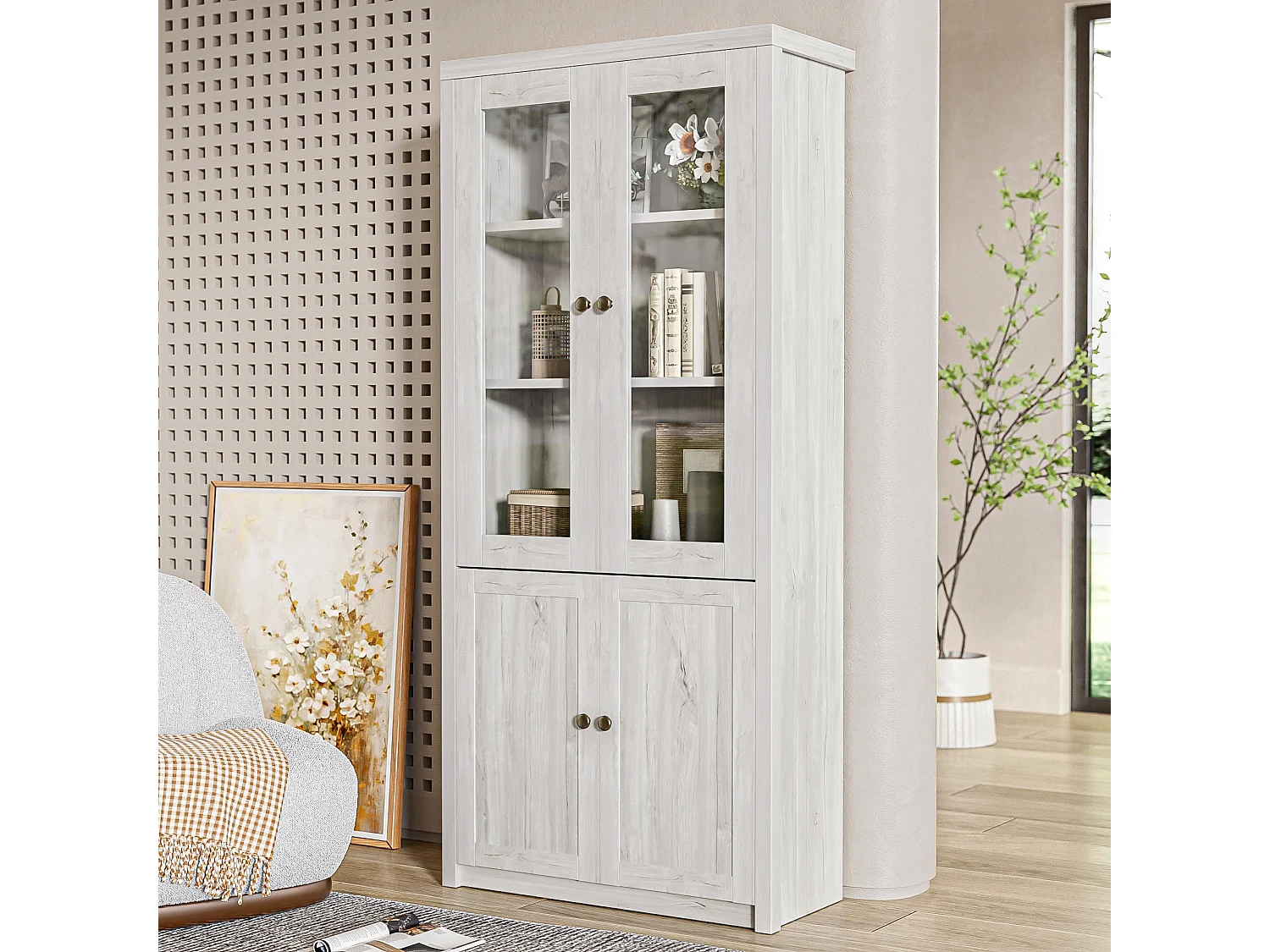 Armoire haute, 2 portes vitrées, 2 portes en bois, MDF, bois clair (80x34x171 cm)