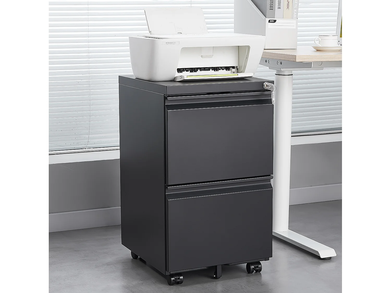 Armoire à fichiers mobile 2 tiroirs, métal, verrouillable, sous le bureau, noir (39x45x67.5 cm)