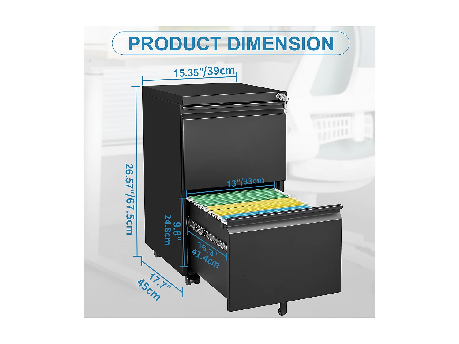 Armoire à fichiers mobile 2 tiroirs, métal, verrouillable, sous le bureau, noir (39x45x67.5 cm)