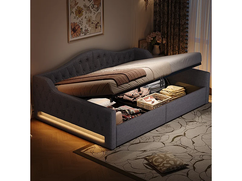 Lit de jour 140x200 avec LED et rangement, tissu lin gris, cadre en MDF et contreplaqué (213.5x146.5x69 cm)