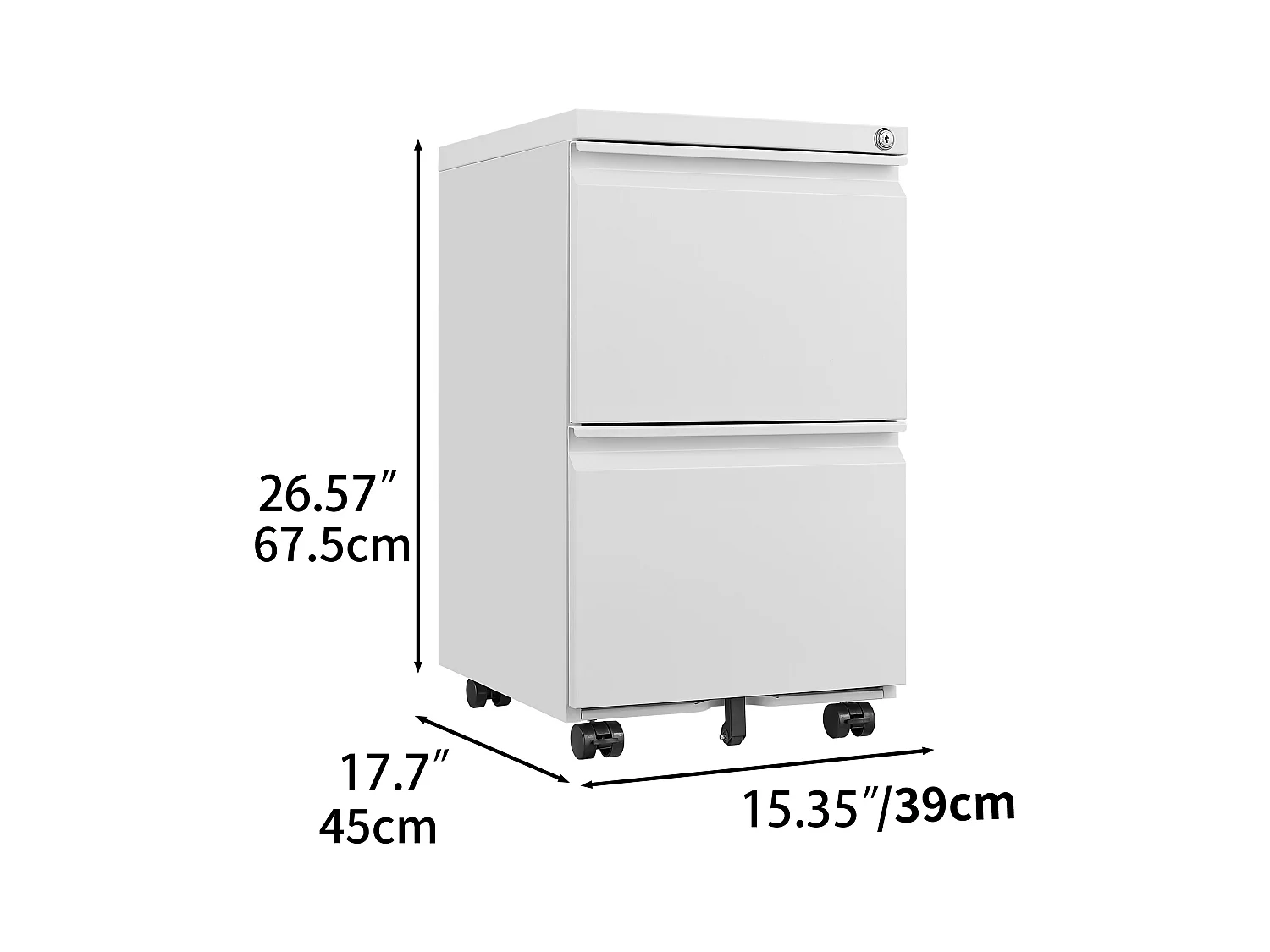Armoire à fichiers mobile 2 tiroirs, métal, verrouillable, sous le bureau, blanc (39x45x72.4 cm)