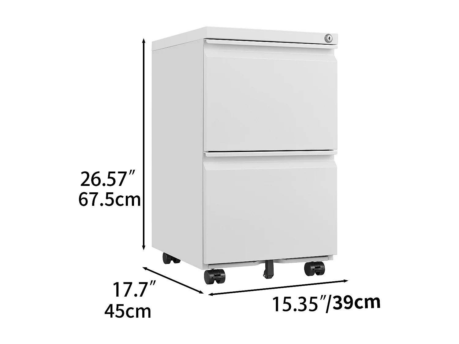 Armoire à fichiers mobile 2 tiroirs, métal, verrouillable, sous le bureau, blanc (39x45x72.4 cm)
