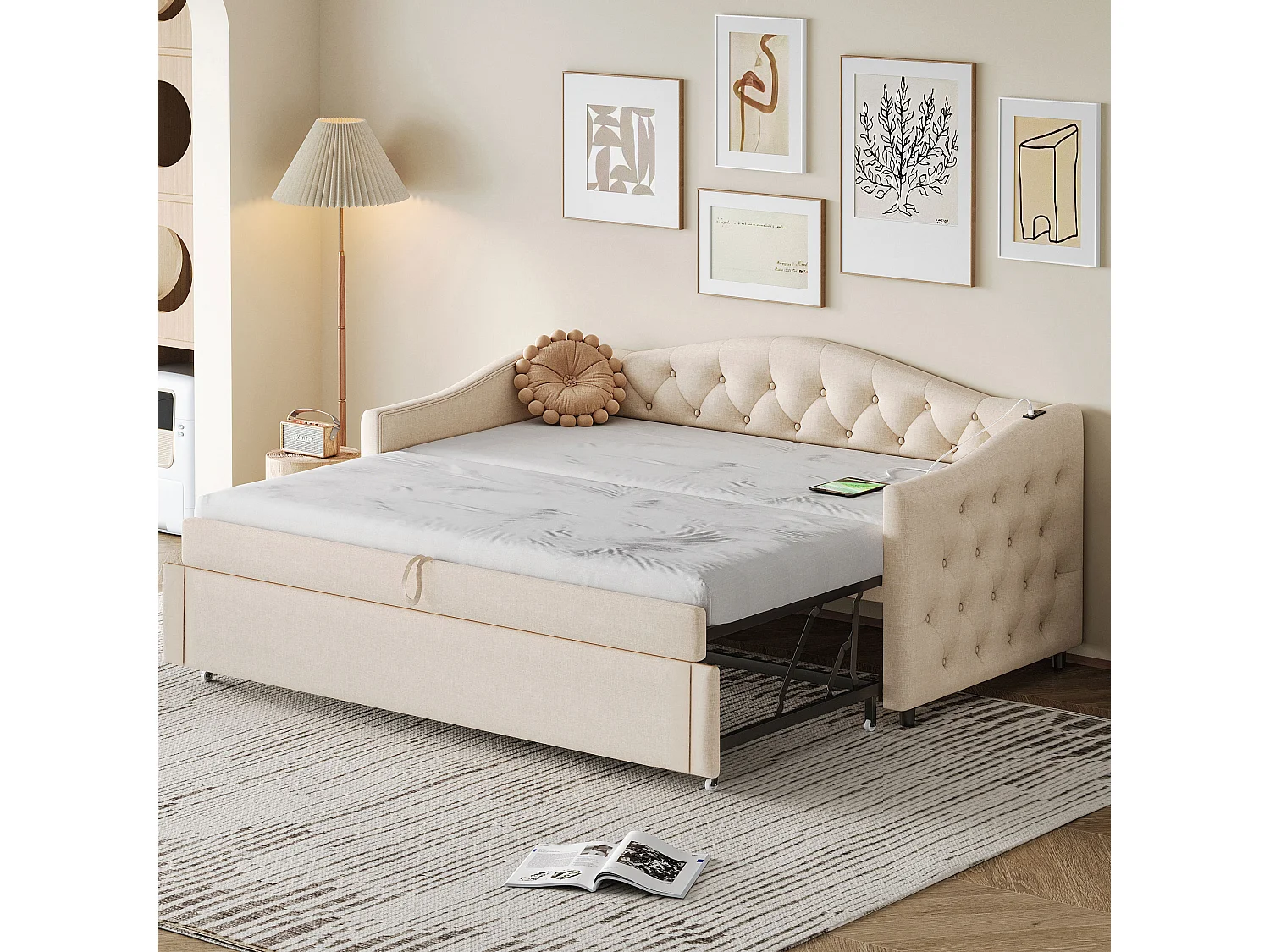 Canapé-lit 90 x 200 cm, Lit Extensible 180 x 190 cm, USB et Rangement, Lattenrost, Lin, Beige (213 x 95 x 80 cm)