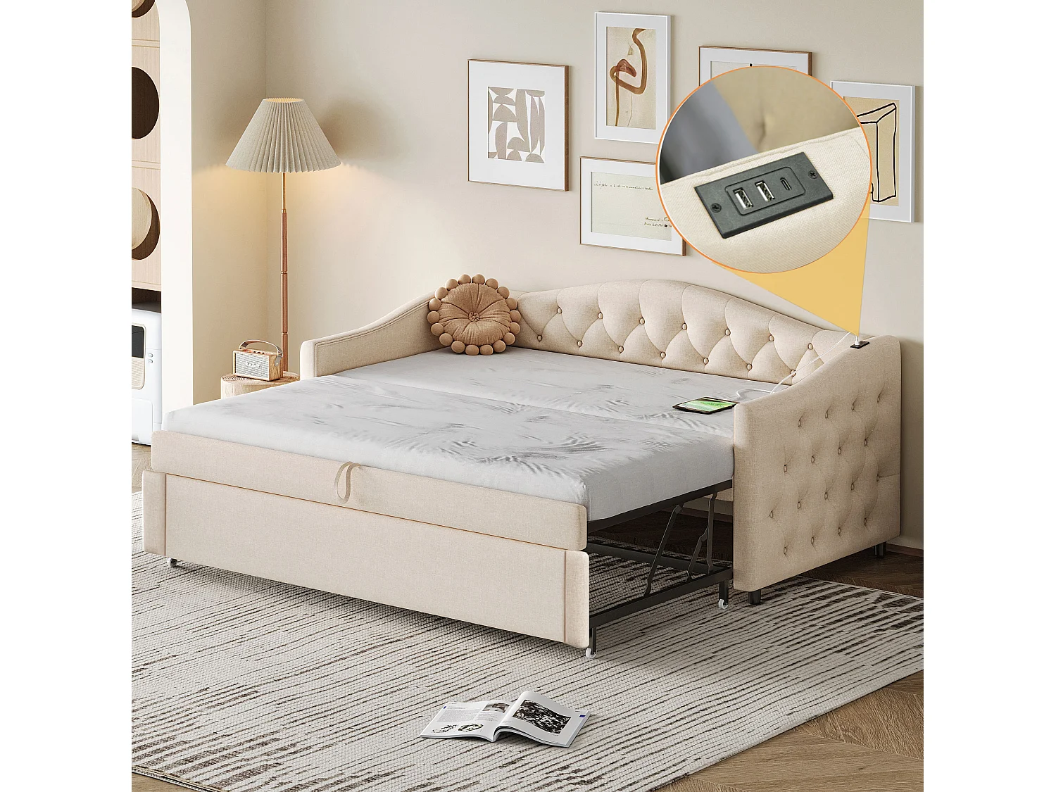 Canapé-lit 90 x 200 cm, Lit Extensible 180 x 190 cm, USB et Rangement, Lattenrost, Lin, Beige (213 x 95 x 80 cm)