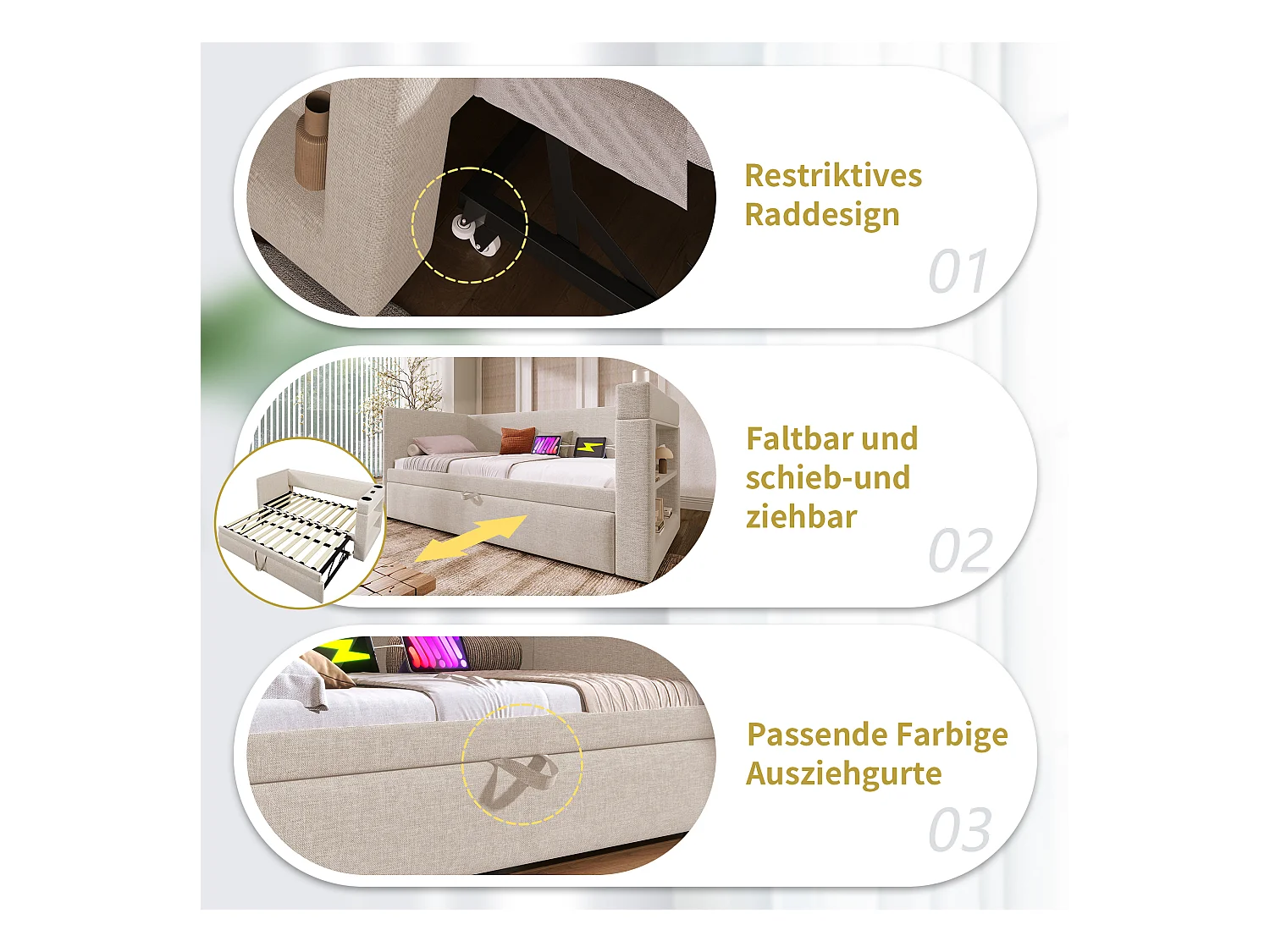 Canapé-lit 90x200 cm, Daybed avec fonction tiroir, tissu en lin beige, avec ports USB et Type-C, et porte-gobelet (217x98x74 cm)