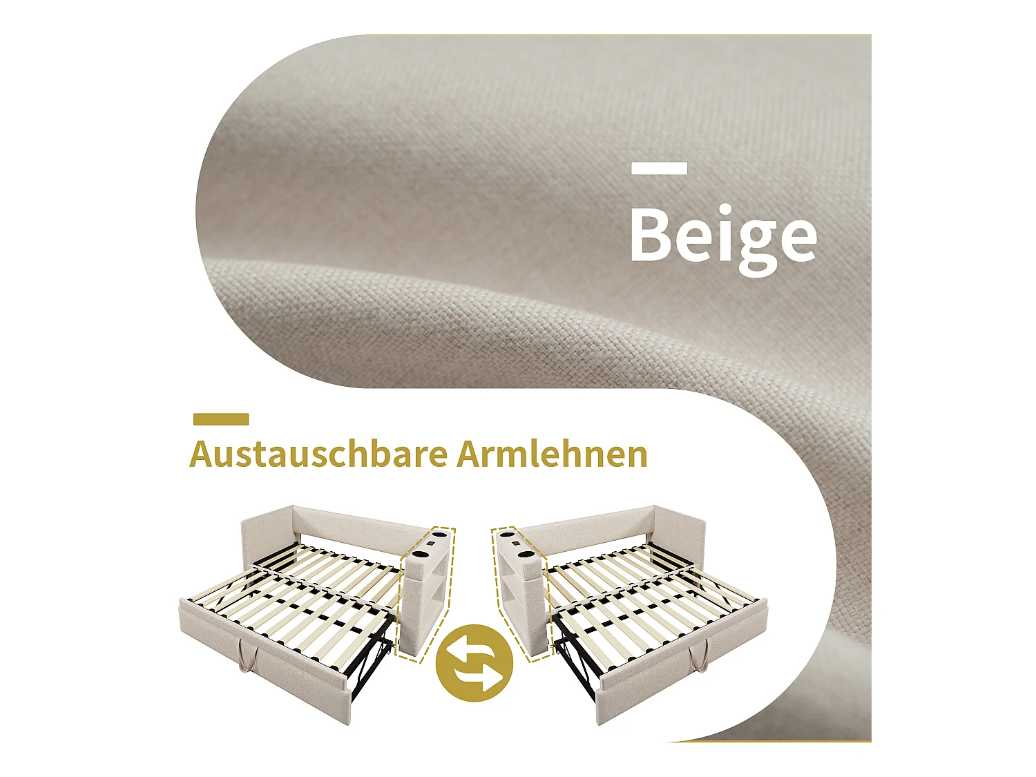 Canapé-lit 90x200 cm, Daybed avec fonction tiroir, tissu en lin beige, avec ports USB et Type-C, et porte-gobelet (217x98x74 cm)