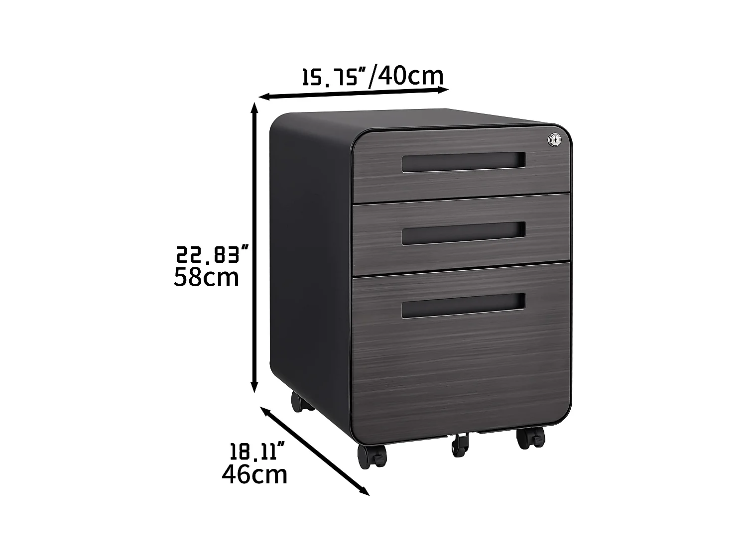 Armoire à fichiers mobile 3 tiroirs, métal, verrouillable, avec roulettes, noir (46x40x58 cm)