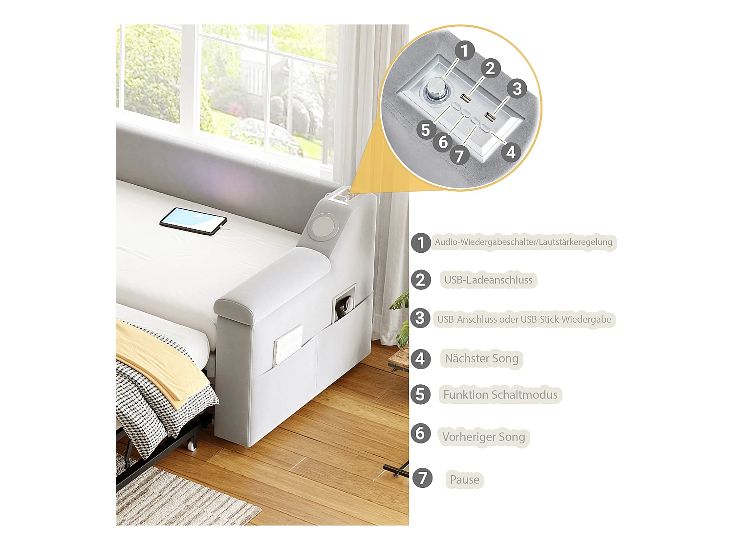 Sofa-lit extensible avec Bluetooth, tissus en velours, accoudoirs larges, gris (216x97x69 cm)