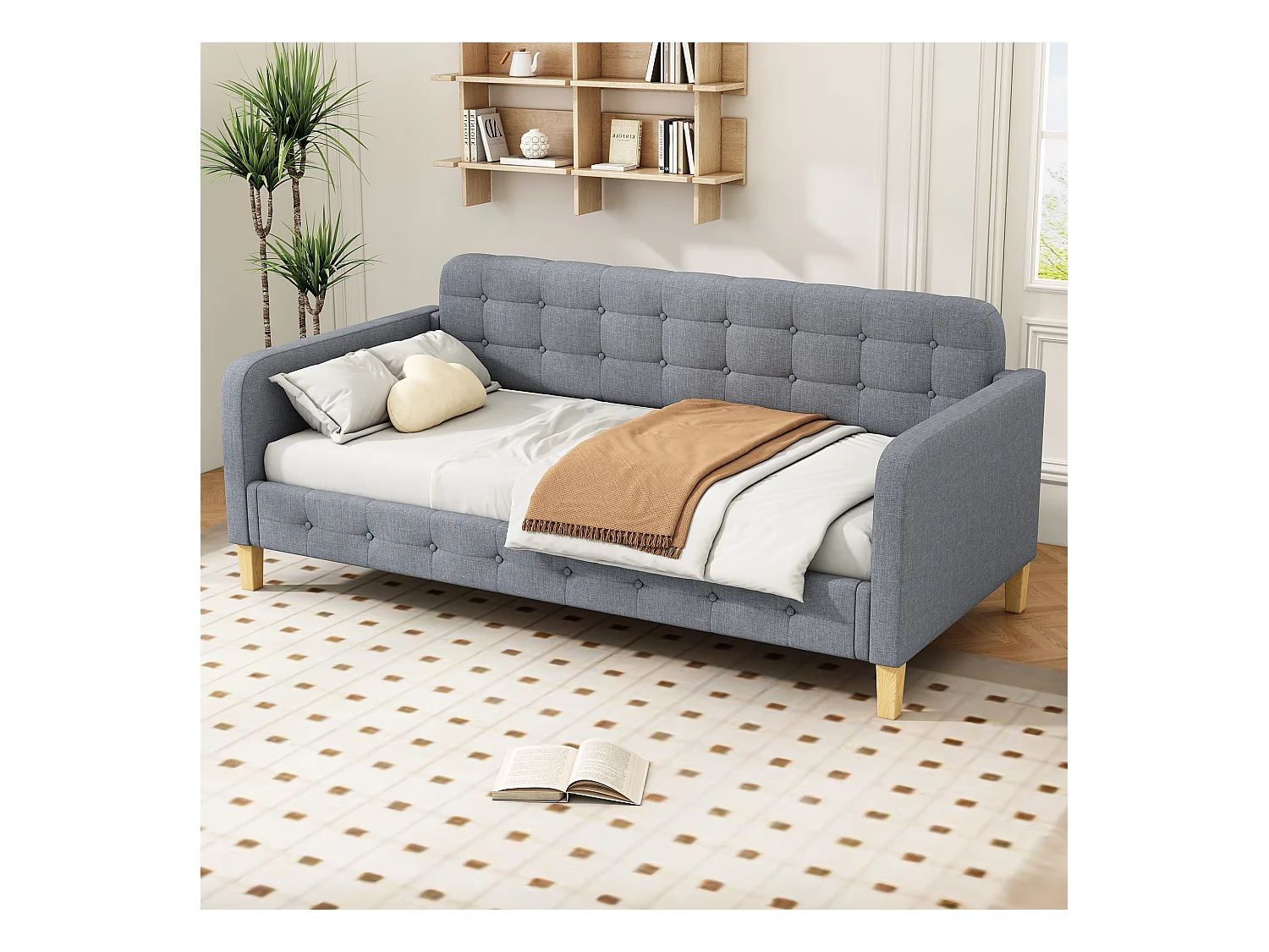 Canapé-lit 90x200 cm, avec lit escamotable, bouton clouté, design simple et élégant, en lin, gris (215x102x70 cm)