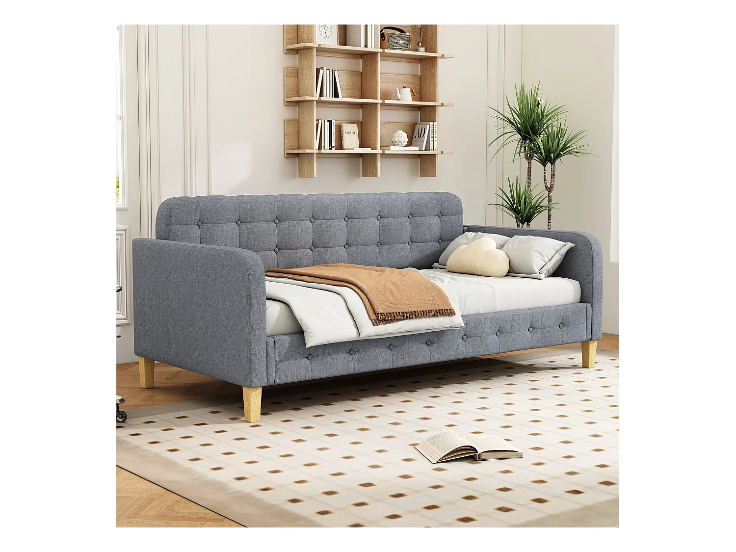 Canapé-lit 90x200 cm, avec lit escamotable, bouton clouté, design simple et élégant, en lin, gris (215x102x70 cm)