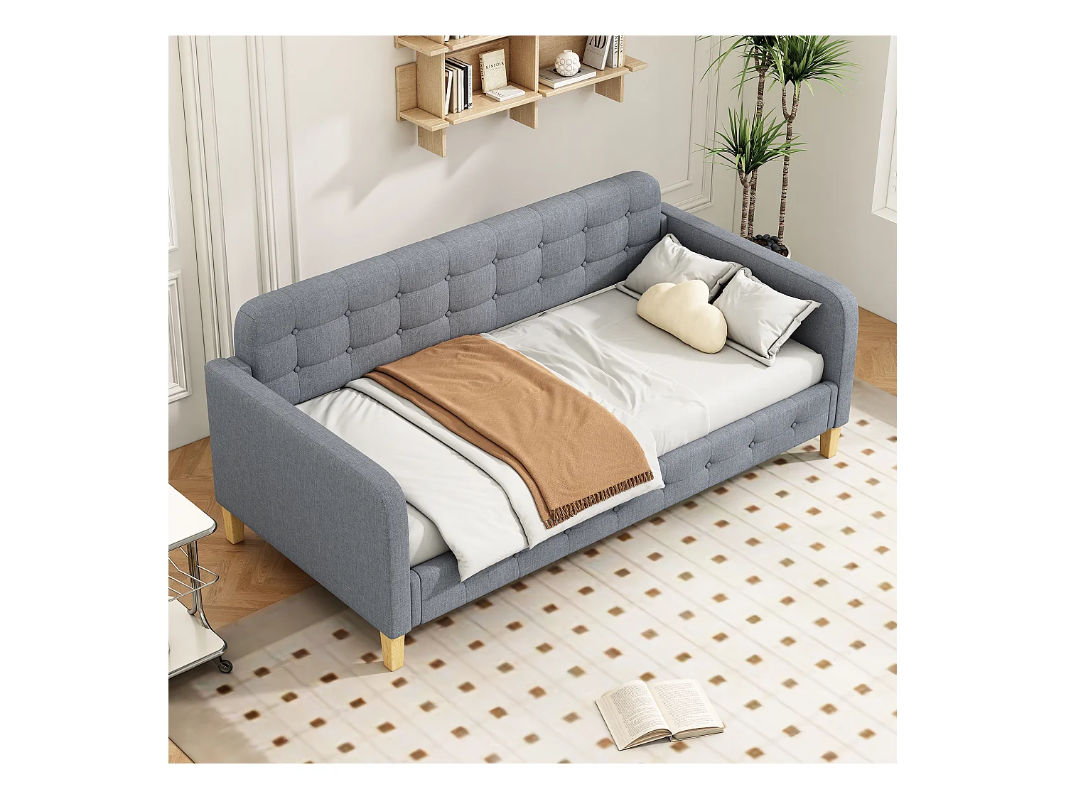 Canapé-lit 90x200 cm, avec lit escamotable, bouton clouté, design simple et élégant, en lin, gris (215x102x70 cm)
