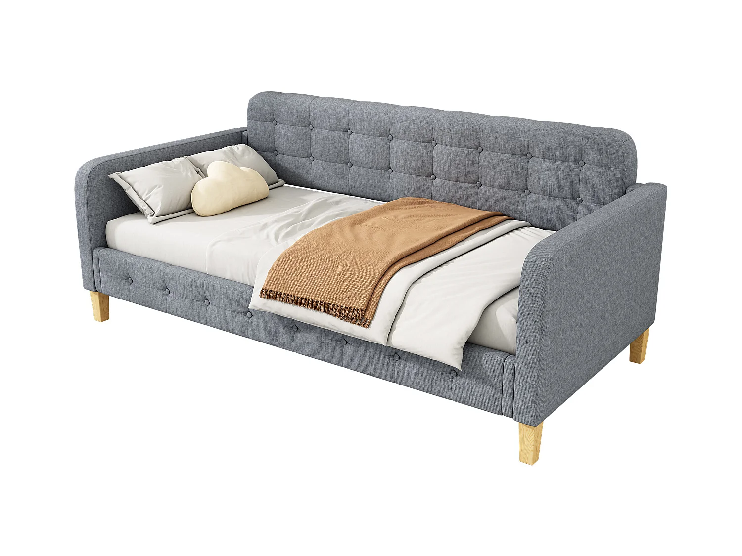 Canapé-lit 90x200 cm, avec lit escamotable, bouton clouté, design simple et élégant, en lin, gris (215x102x70 cm)