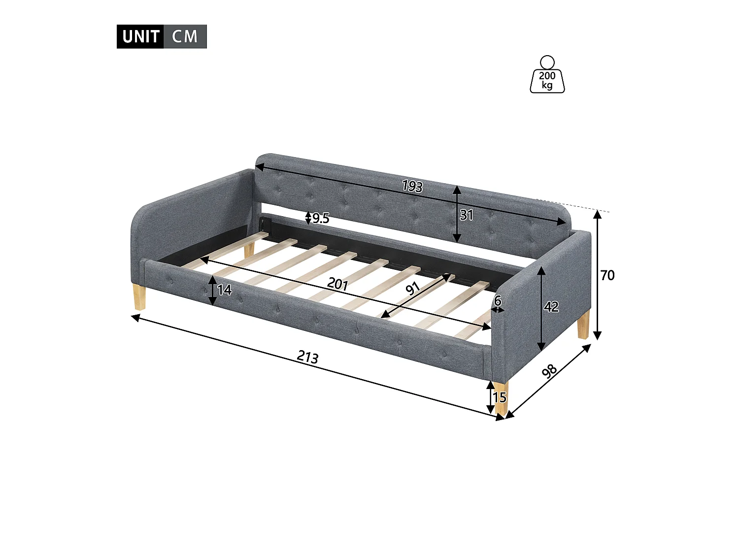 Canapé-lit 90x200 cm, avec lit escamotable, bouton clouté, design simple et élégant, en lin, gris (215x102x70 cm)