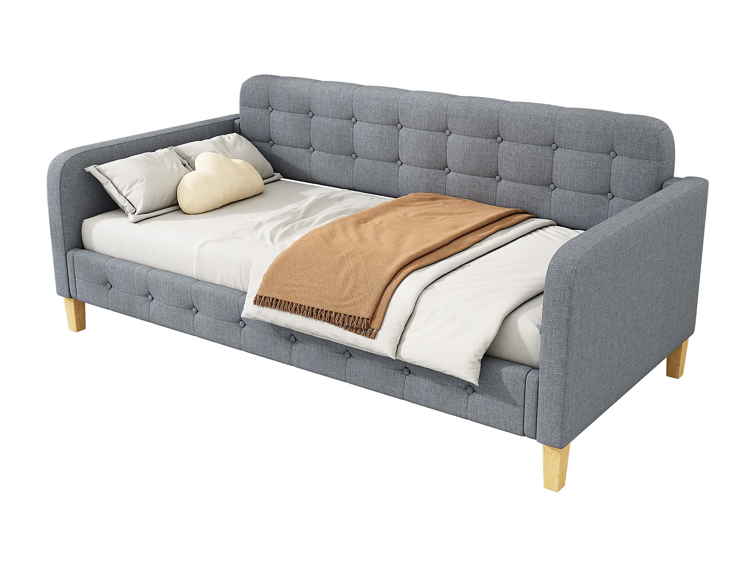 Canapé-lit 90x200 cm, avec lit escamotable, bouton clouté, design simple et élégant, en lin, gris (215x102x70 cm)