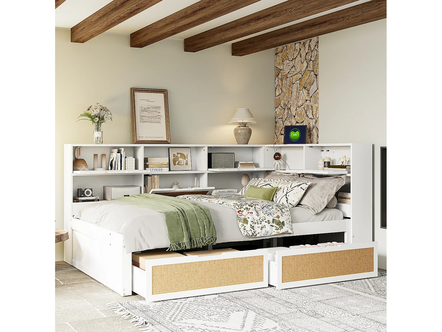 Massief houten slaapbank 140\200 met lades en oplaadpunt, multifunctioneel, met lattenbodem en geïntegreerde opbergruimte (225x166x92 cm)