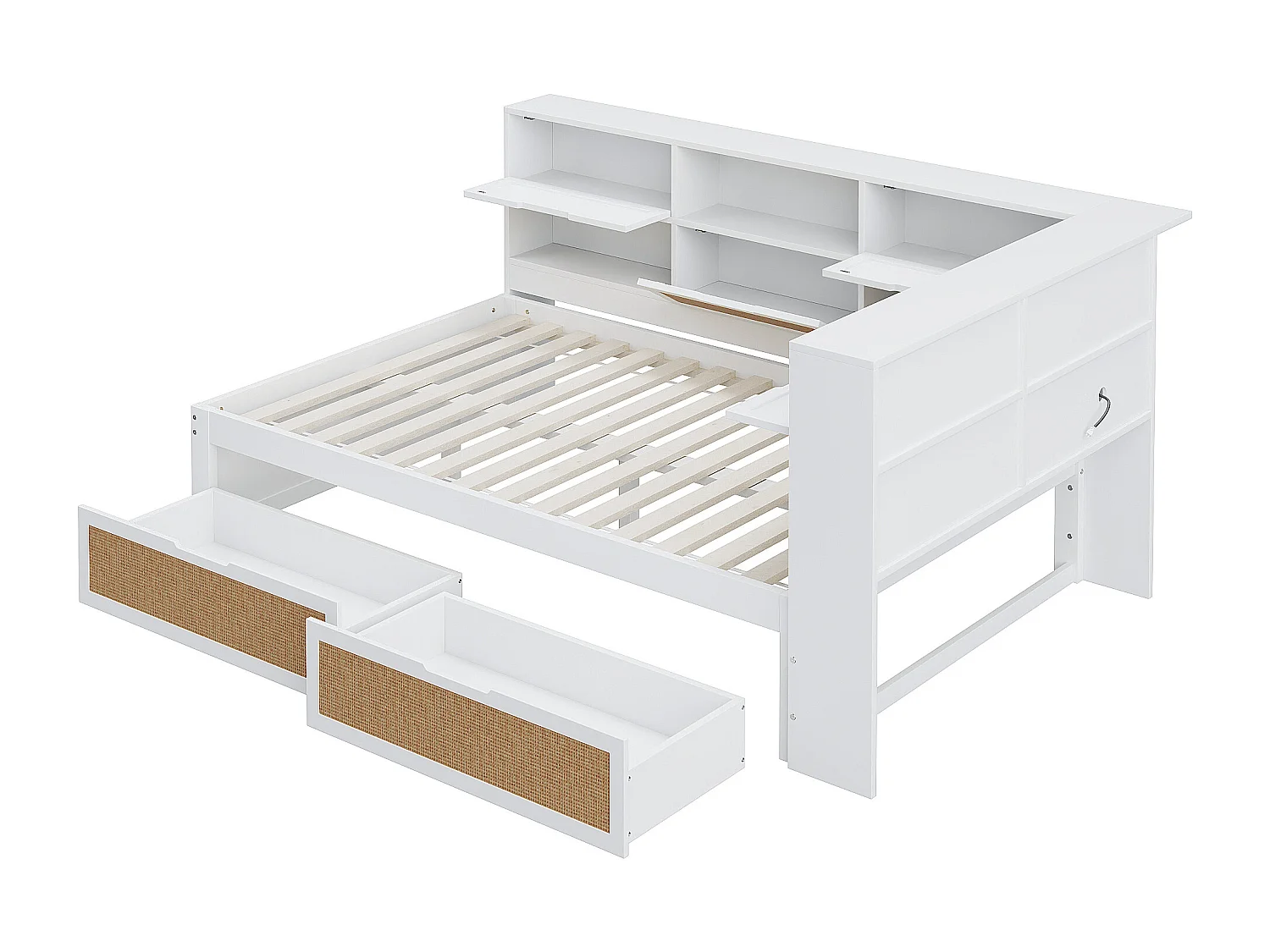 Massief houten slaapbank 140\200 met lades en oplaadpunt, multifunctioneel, met lattenbodem en geïntegreerde opbergruimte (225x166x92 cm)