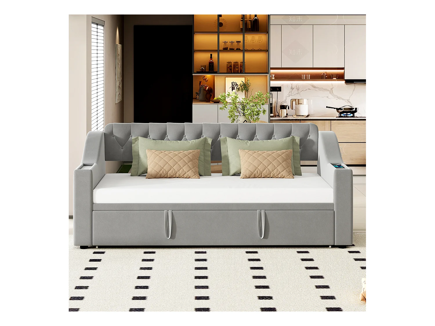 Canapé-lit avec bras larges, 90/180x190 cm, bras avec USB, rangement intégré, tissu en velours, gris (215x98.5x78.5 cm)