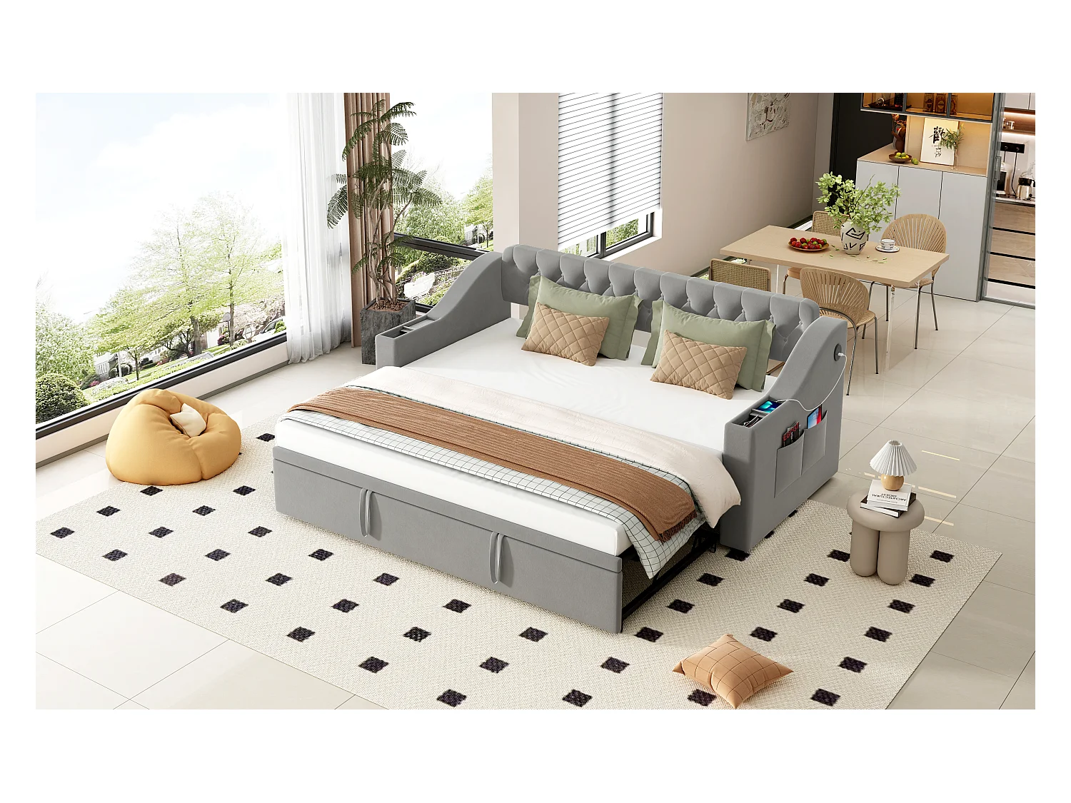 Canapé-lit avec bras larges, 90/180x190 cm, bras avec USB, rangement intégré, tissu en velours, gris (215x98.5x78.5 cm)