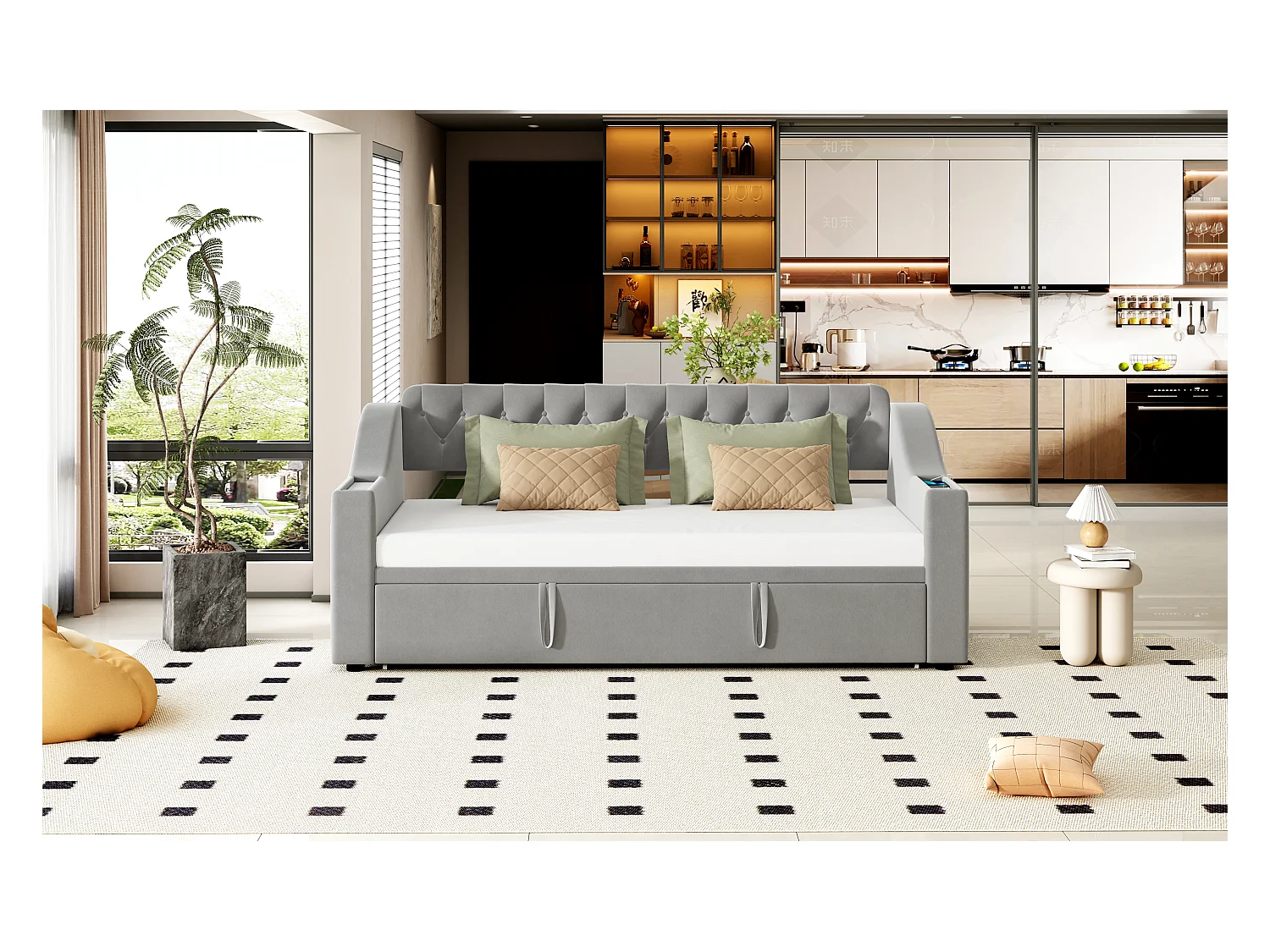 Canapé-lit avec bras larges, 90/180x190 cm, bras avec USB, rangement intégré, tissu en velours, gris (215x98.5x78.5 cm)