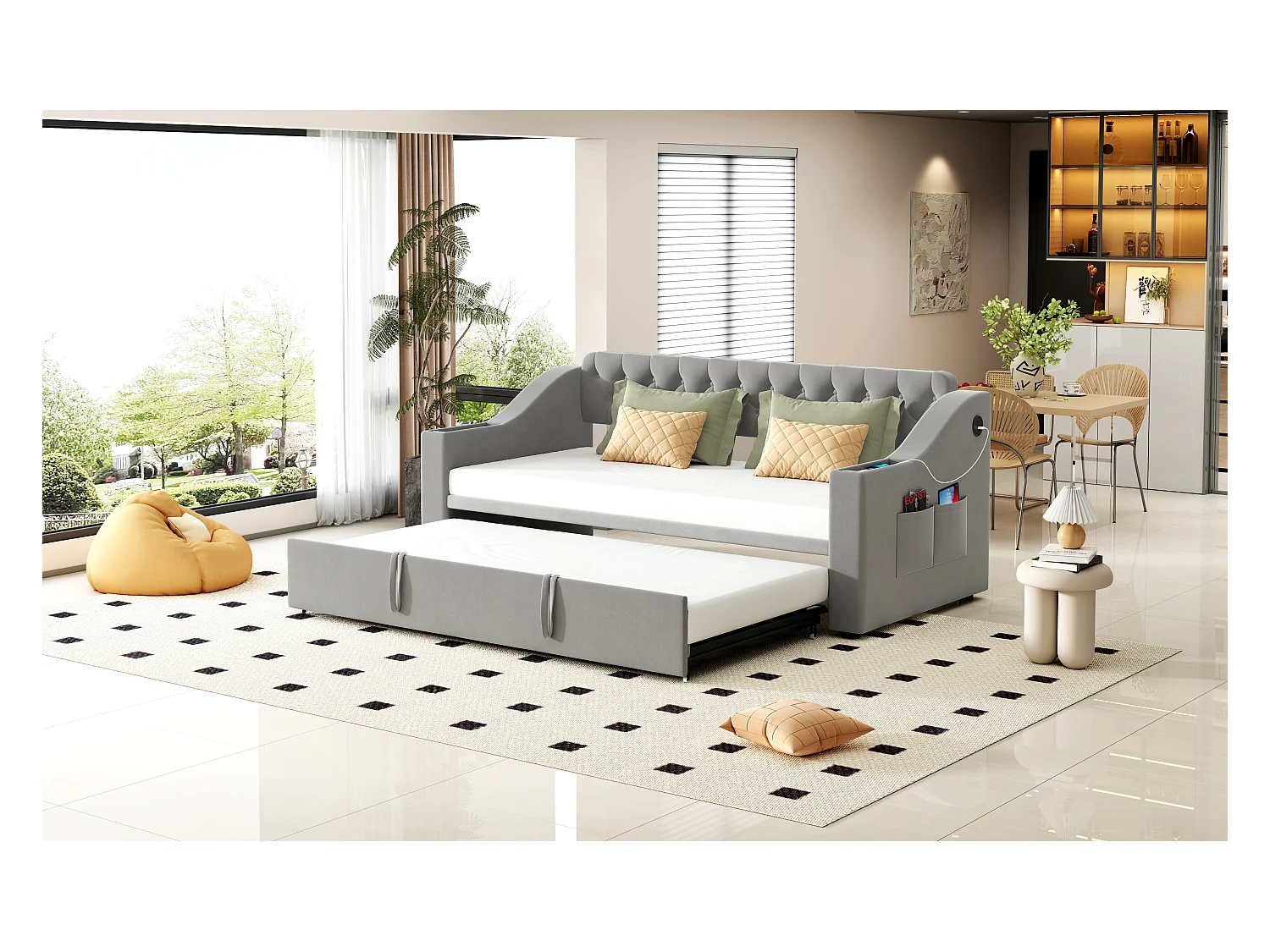 Canapé-lit avec bras larges, 90/180x190 cm, bras avec USB, rangement intégré, tissu en velours, gris (215x98.5x78.5 cm)