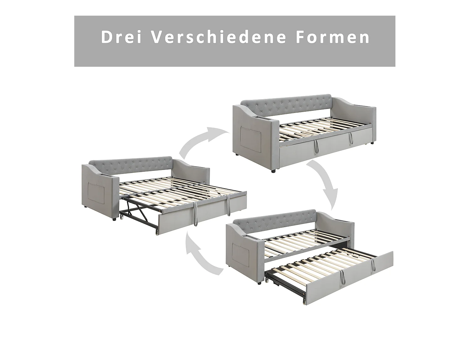 Canapé-lit avec bras larges, 90/180x190 cm, bras avec USB, rangement intégré, tissu en velours, gris (215x98.5x78.5 cm)