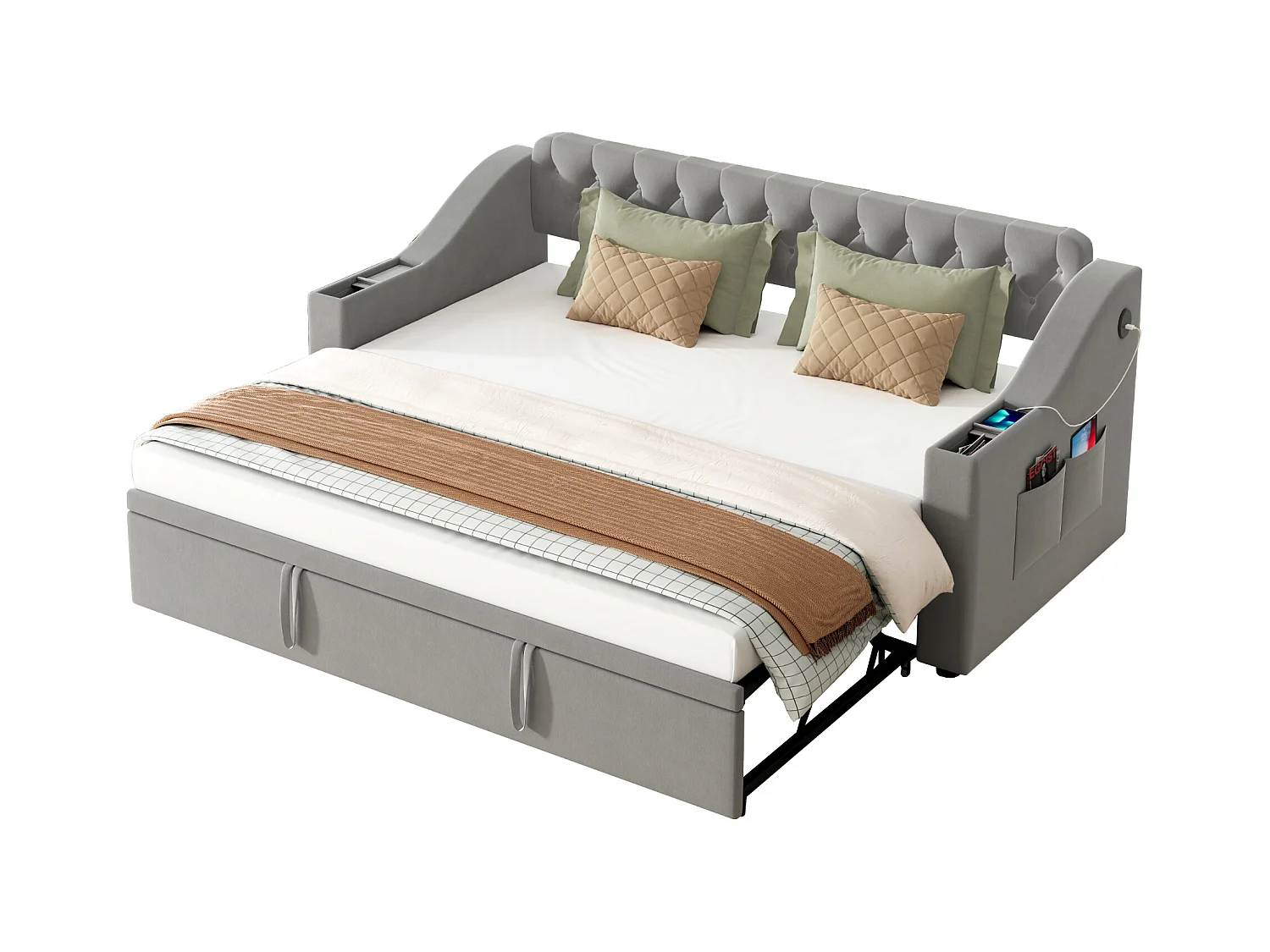 Canapé-lit avec bras larges, 90/180x190 cm, bras avec USB, rangement intégré, tissu en velours, gris (215x98.5x78.5 cm)