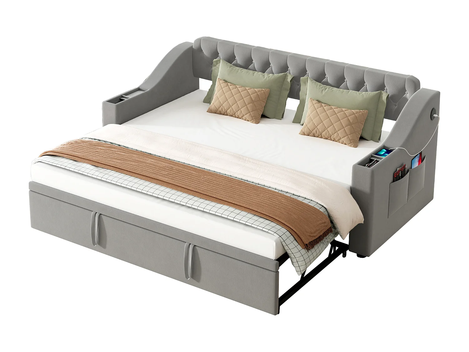 Canapé-lit avec bras larges, 90/180x190 cm, bras avec USB, rangement intégré, tissu en velours, gris (215x98.5x78.5 cm)